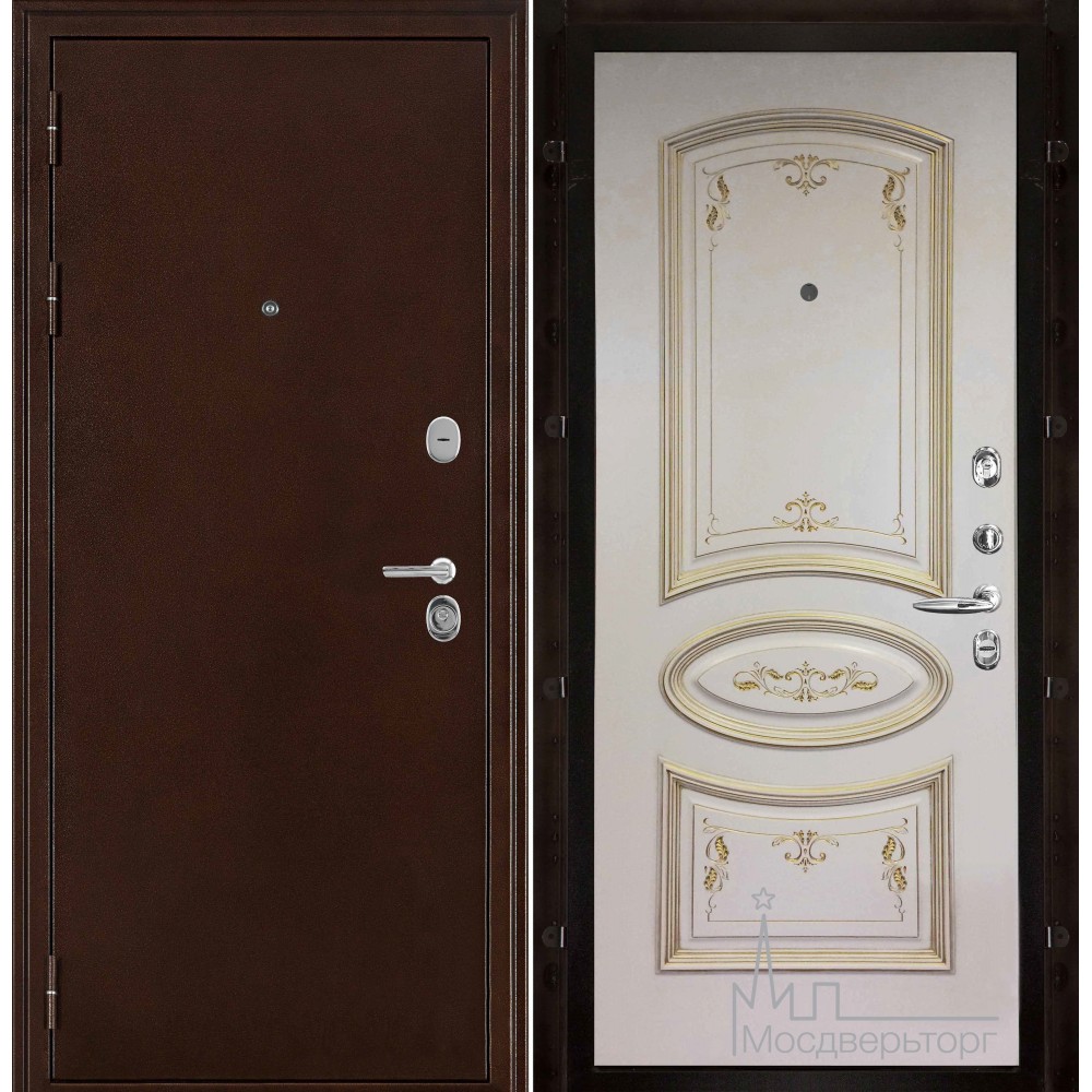 Дверь входная металлическая Феникс медный антик панель Багет 3, эмаль слоновая кость патина+золото