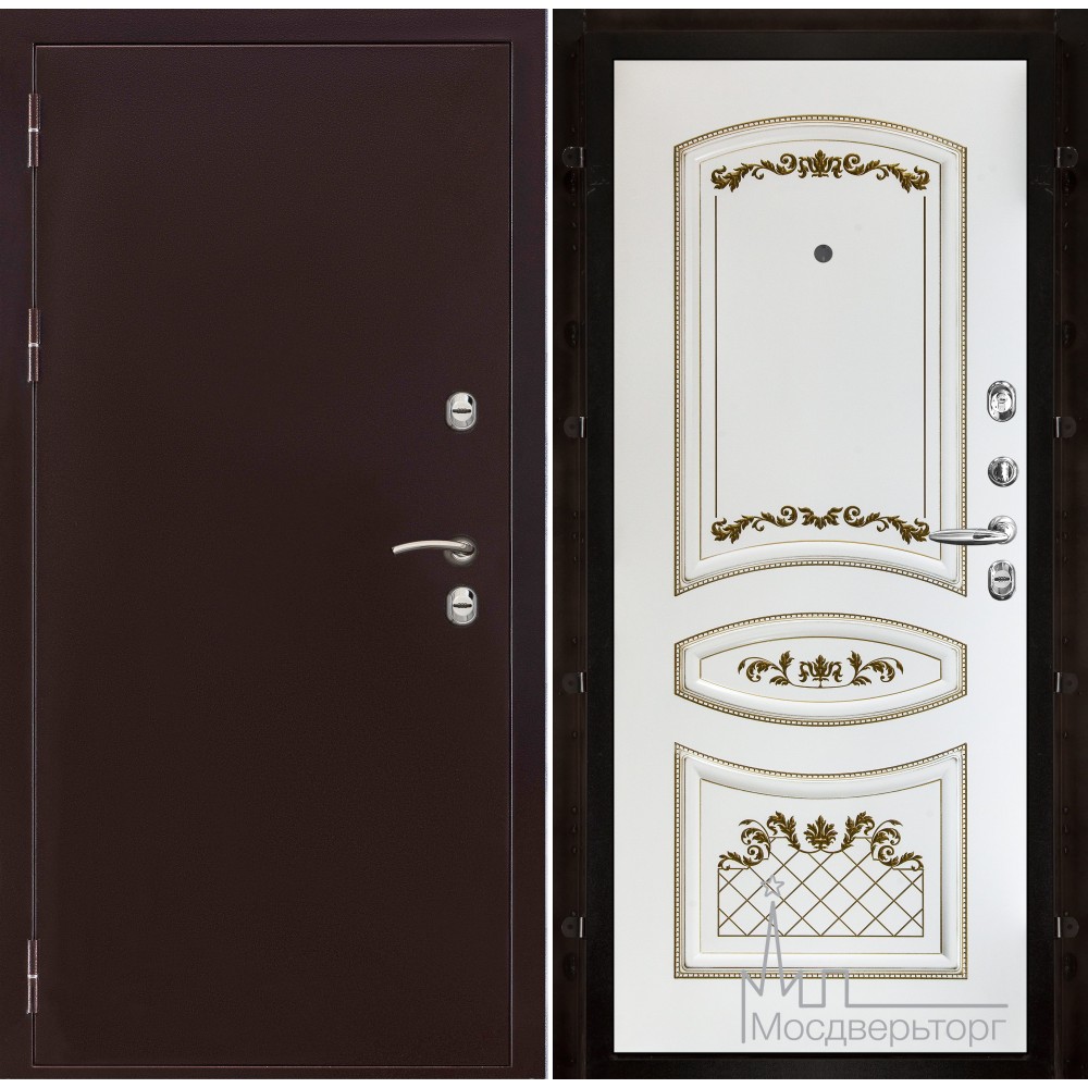 Дверь входная металлическая Термо-3 медный антик панель Алина белая эмаль + патина золото