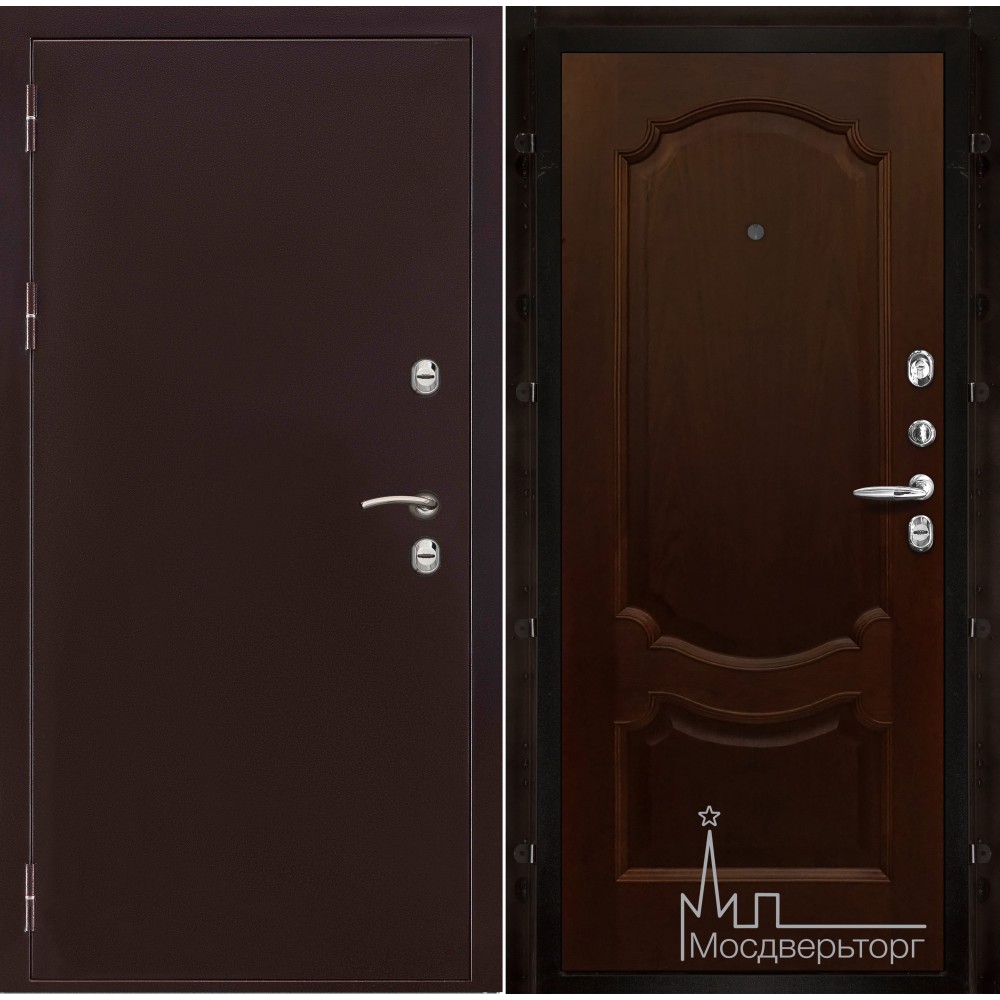 Дверь входная металлическая Термо-3 медный антик панель Монако орех тон 2 натуральный шпон