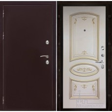 Дверь входная металлическая Термо-3 медный антик панель Багет 3, эмаль слоновая кость патина золото