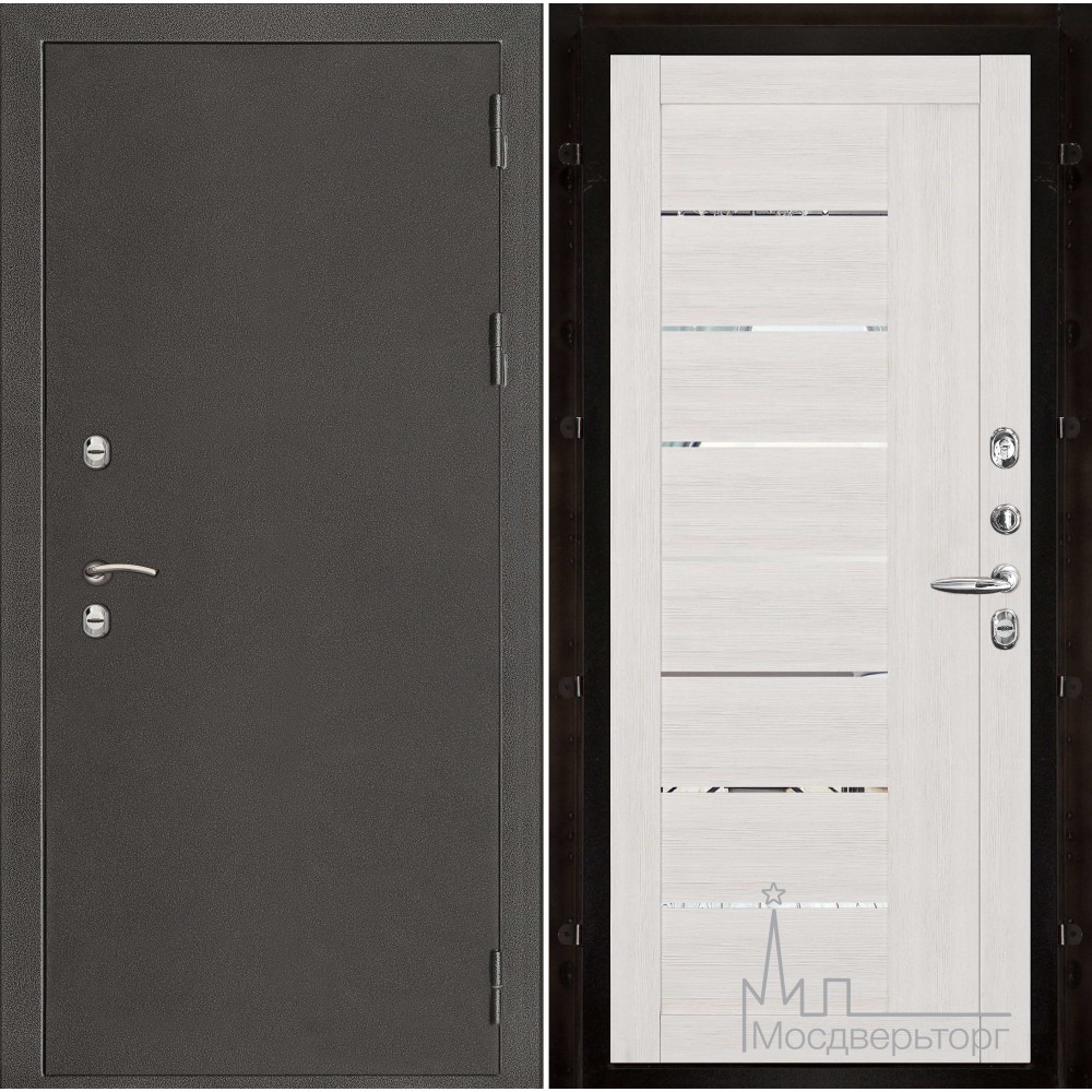 Дверь входная металлическая Термо-3 темное серебро панель 2110 Капучино велюр с зеркальными вставками