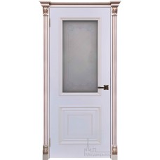 Межкомнатная дверь Итало Багет 30, эмаль белая, портал с цветочком патина капучино, стекло