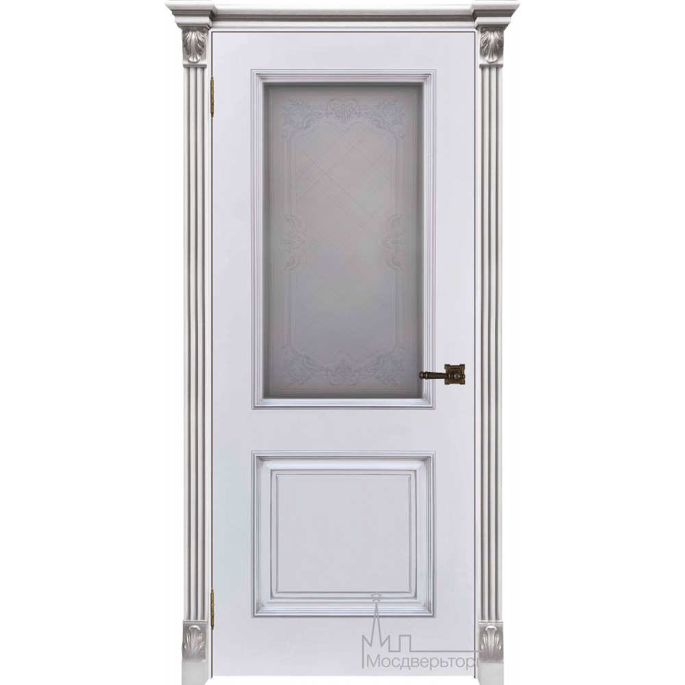 Межкомнатная дверь Итало Багет 32, эмаль белая, портал с цветочком патина серебро, стекло Итало