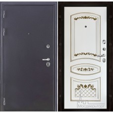 Дверь входная металлическая Колизей темное серебро панель Алина белая эмаль + патина золото